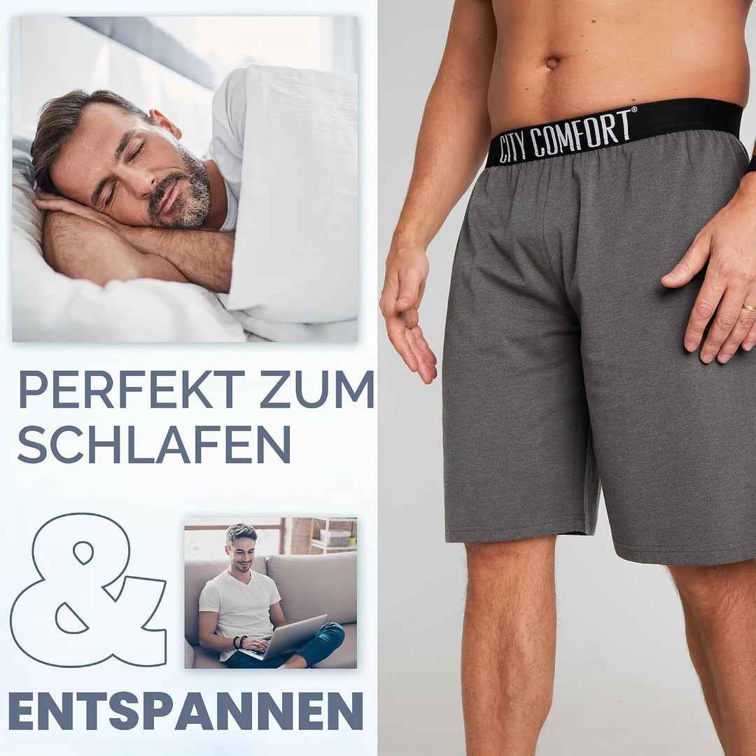 CityComfort Pyjama Shorts Herren, Kurze Schlafanzughose Herren mit Seitentaschen &amp; Elastischem Bund