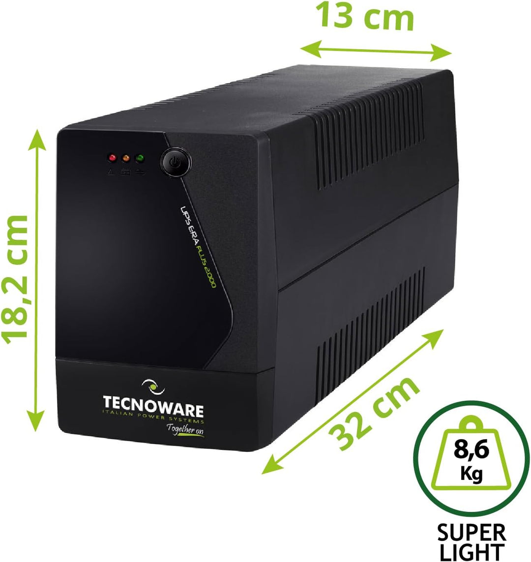 Tecnoware UPS 2000VA für PC/Modem, NICHT für Gaming/Konsole, ERA PLUS USV, 6 IEC, Software, Schutz v