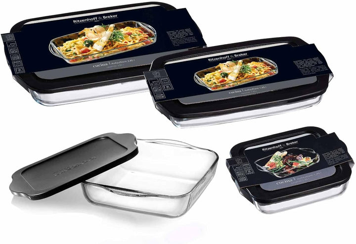 Ritzenhoff & Breker Auflaufform Cucina, aus Glas, Quadratisch, 32 x 29 cm, 3,2 Liter, Frischhaltedos