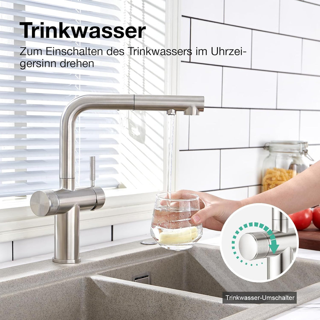 Faustina 3 Wege Küchenarmatur mit Brause ausziehbar, Doppelhebel Armatur Wasserhahn Spültischarmatur