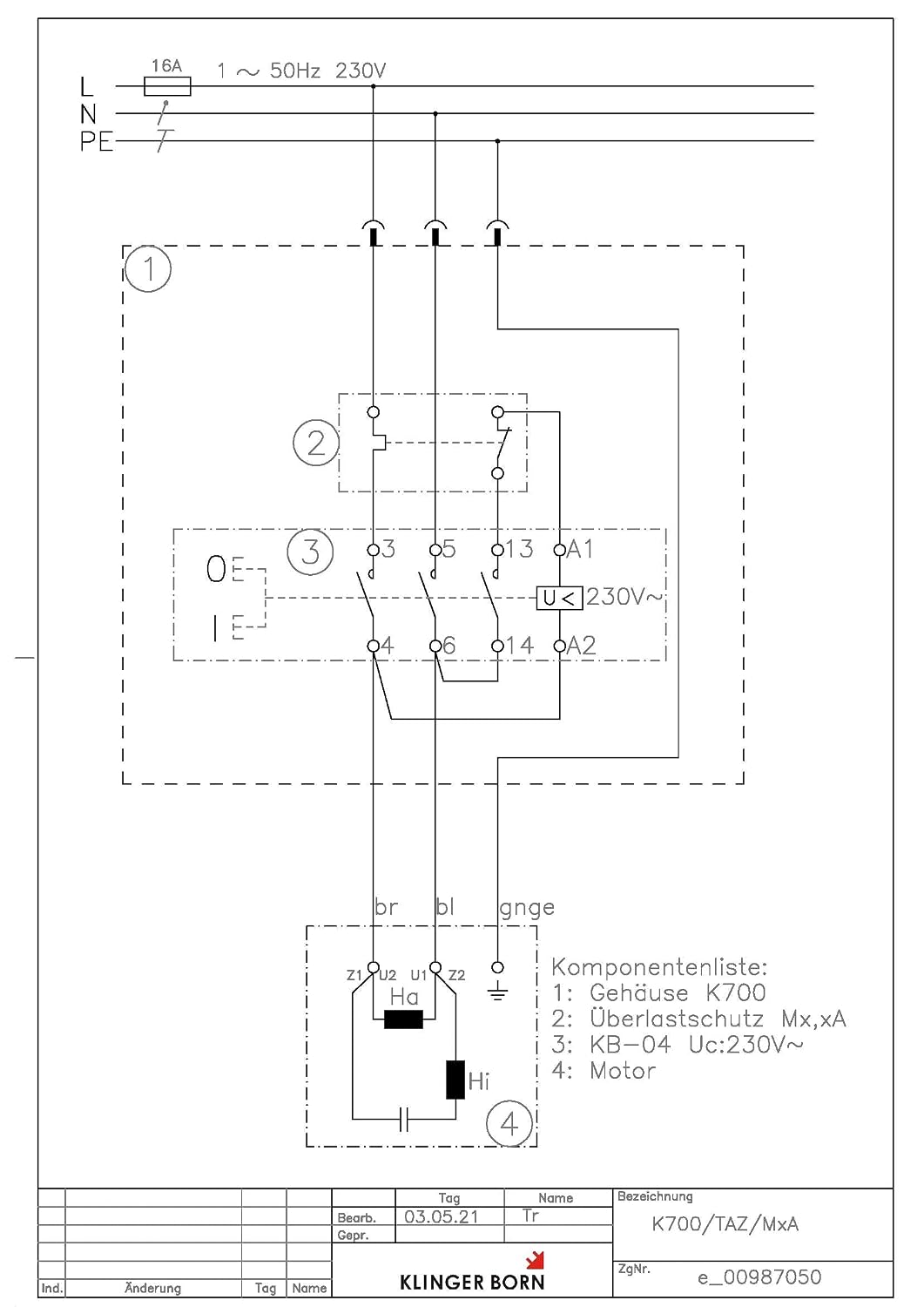 Motorschutzschalter K700 1Ph 230V/3,0kW, Überlastschutz eingestellt auf Motornennstrom, 0098.7050