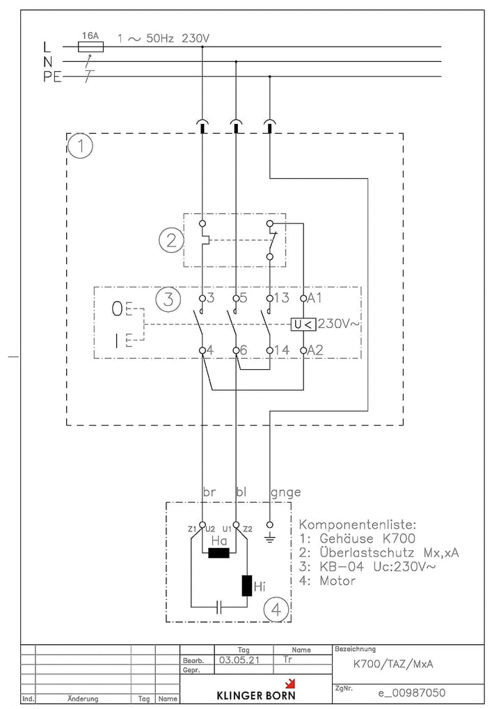 Motorschutzschalter K700 1Ph 230V/3,0kW, Überlastschutz eingestellt auf Motornennstrom, 0098.7050