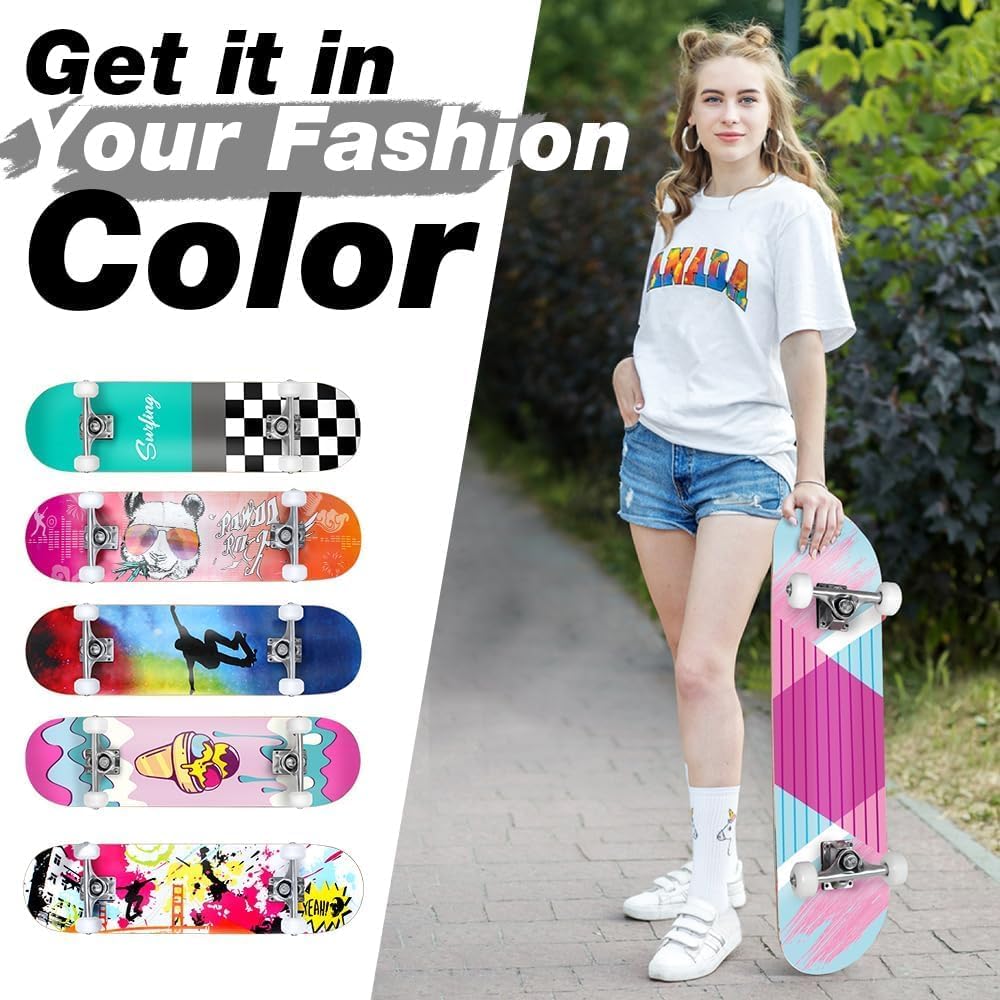 BELEEV Skateboard 31x8 Zoll Komplette Cruiser Skateboard für Kinder Jugendliche Erwachsene, 7-Lagige