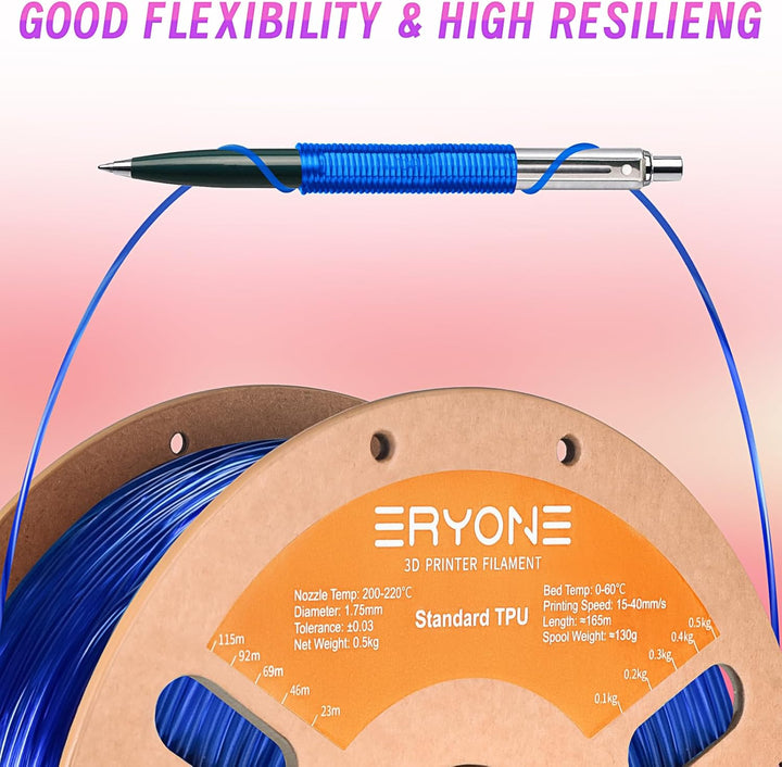 ERYONE TPU Filament 1.75mm, 3D Drucken Filament TPU, 0.5kg 1 Spool, Transparent Blue 0.5kg-e-Transpa