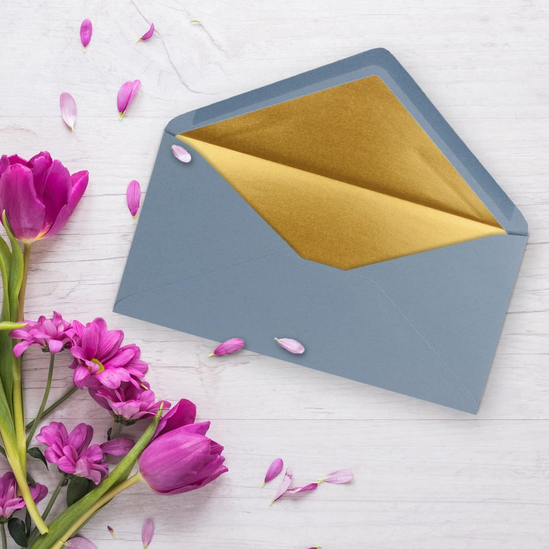 100 Brief-Umschläge DIN Lang - Graublau mit Gold-Metallic Innen-Futter - 110 x 220 mm - Nassklebung