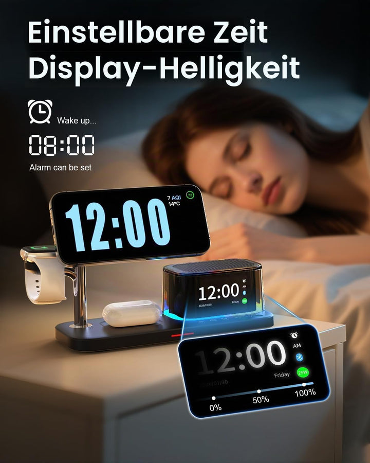 7-in-1 kabelloses Ladegerät, Bluetooth-Lautsprecher mit Wecker, Qi 2.2 25W Handy-Schnellladung, Stim