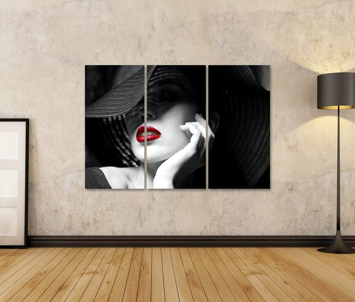 islandburner Bild auf Leinwand Mysteriöse Frau Mit Schwarzem Hut Und Roten Lippen Bilder Wandbilder