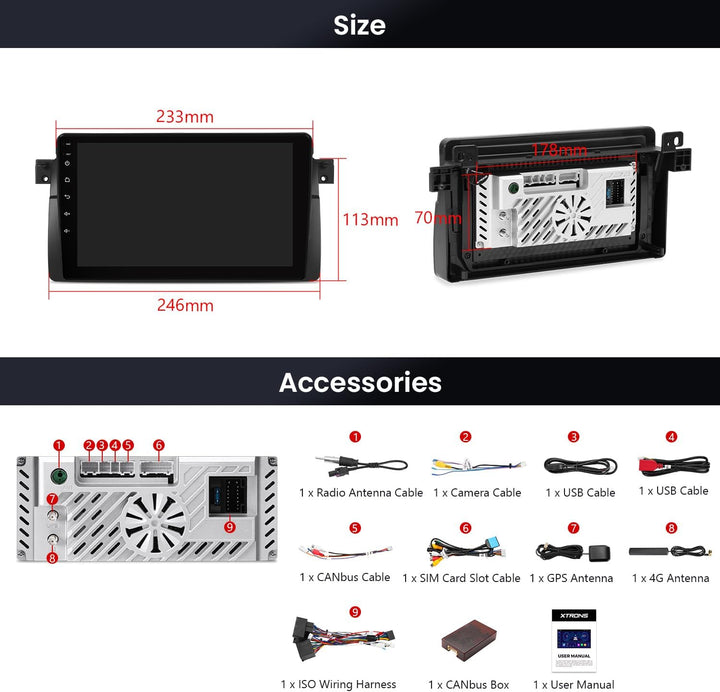 XTRONS 9" 4+64GB Android Autoradio für BMW E46 Rover 75 mit Navi Octa-Core | IPS Bildschirm Autoradi