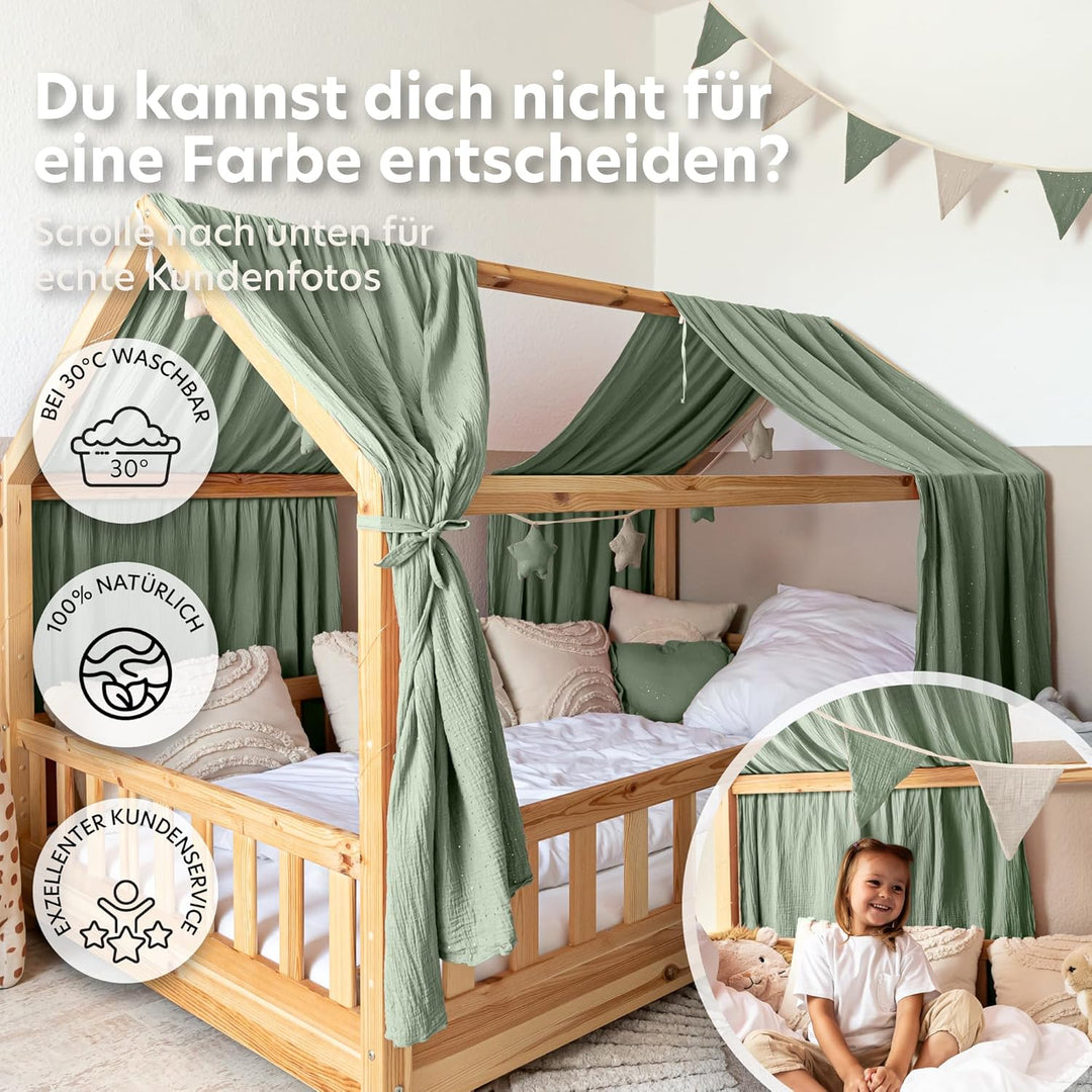 Hausbett Himmel mit Gold Applikation [in 12 Farben] Betthimmel Hausbett aus 100% Baumwolle Musselin