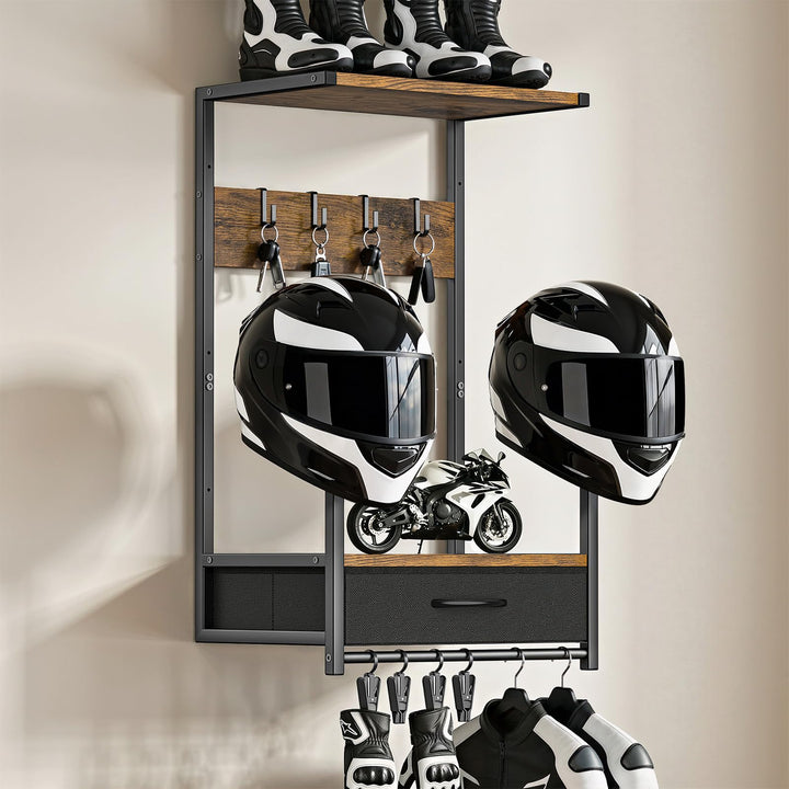 Housolution Motorradhelm Wandhalterung mit Stoffschublade, Helmhalterung mit 4 Handschuhchips und 4