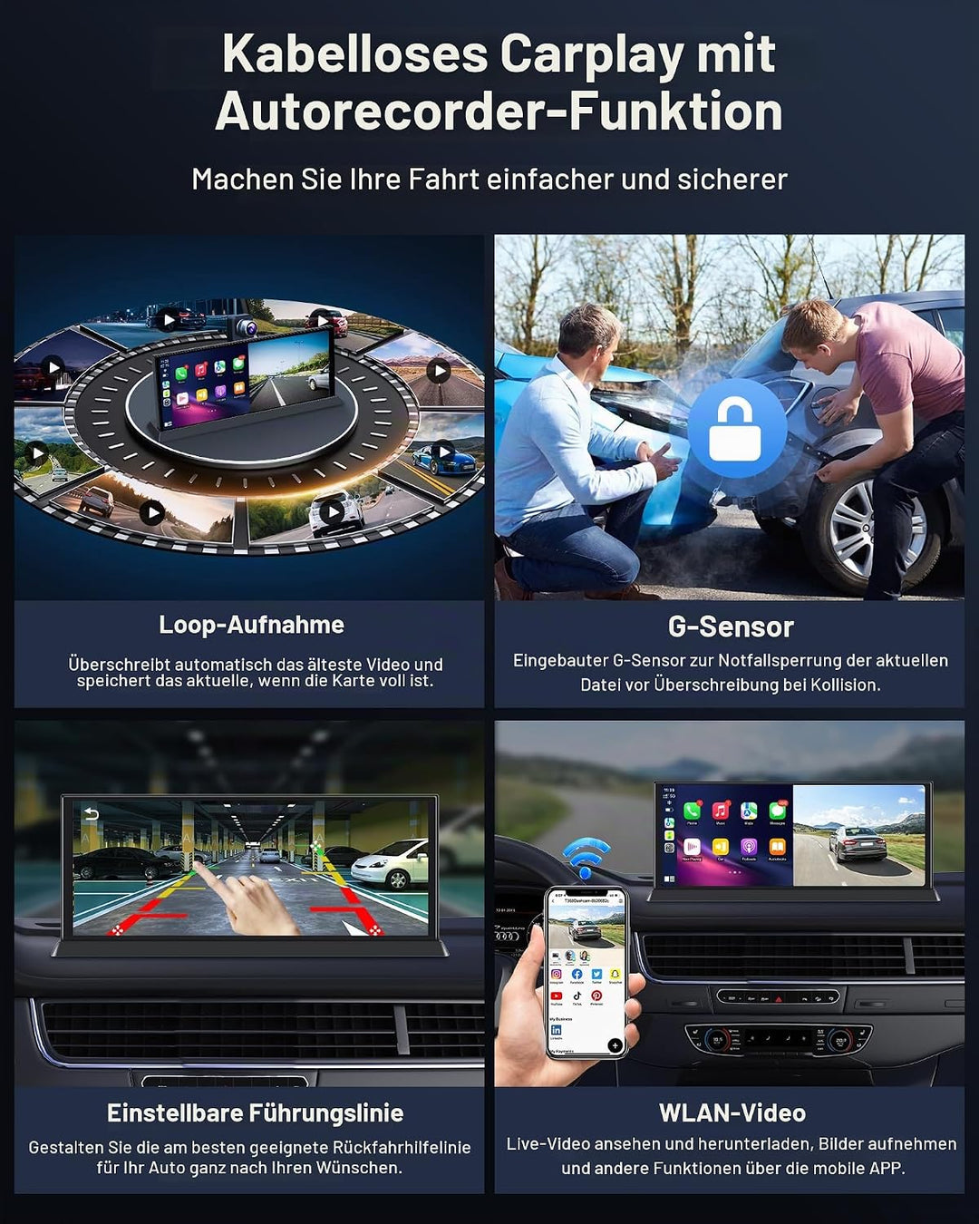 11,3 Zoll Carplay Android Auto Display mit Stehende Halterung, 350° Drehbare 4K Dashcam Buddy Displa