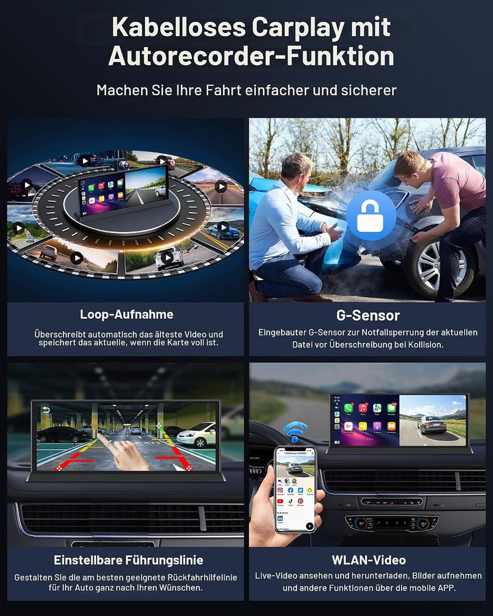 11,3 Zoll Carplay Android Auto Display mit Stehende Halterung, 350° Drehbare 4K Dashcam Buddy Displa