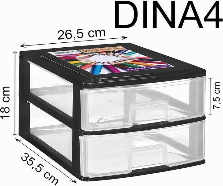 Schubladenbox DIN A4 mit 2 Schubladen 35,5x26,5x18 cm - transparent Kunststoff Drawer Tower Box Orga