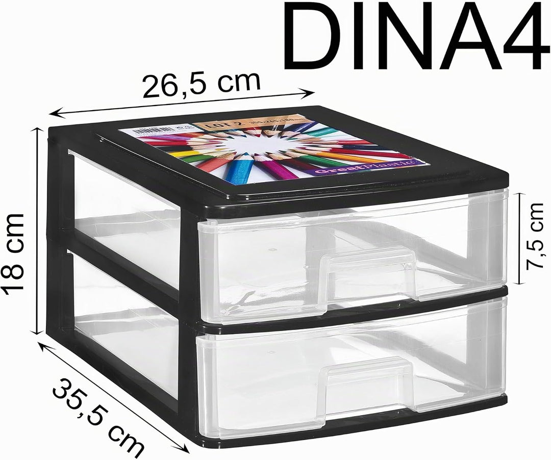 Hummelladen Schubladenbox DIN A4 mit 2 Schubladen 35,5x26,5x18 cm - schwarz-transparent Kunststoff D