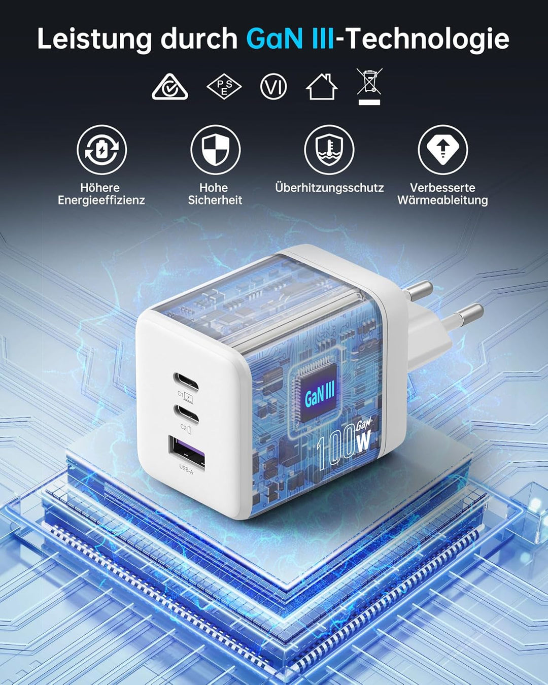 NOVOO 100W USB C Ladegerät GaN Ⅲ 3-Port USB C Netzteil Schnellladegerät PD MacBook Charger mit Ladek