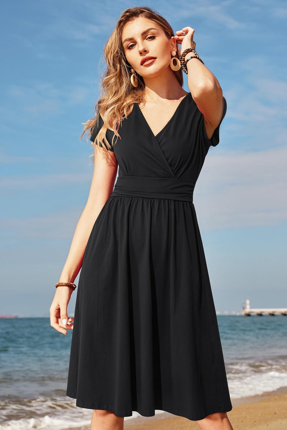 OUGES Kleid Damen Kurzarm/Langarm Winterkleid V-Ausschnitt Casual Midi Freizeitkleid mit Taschen M S