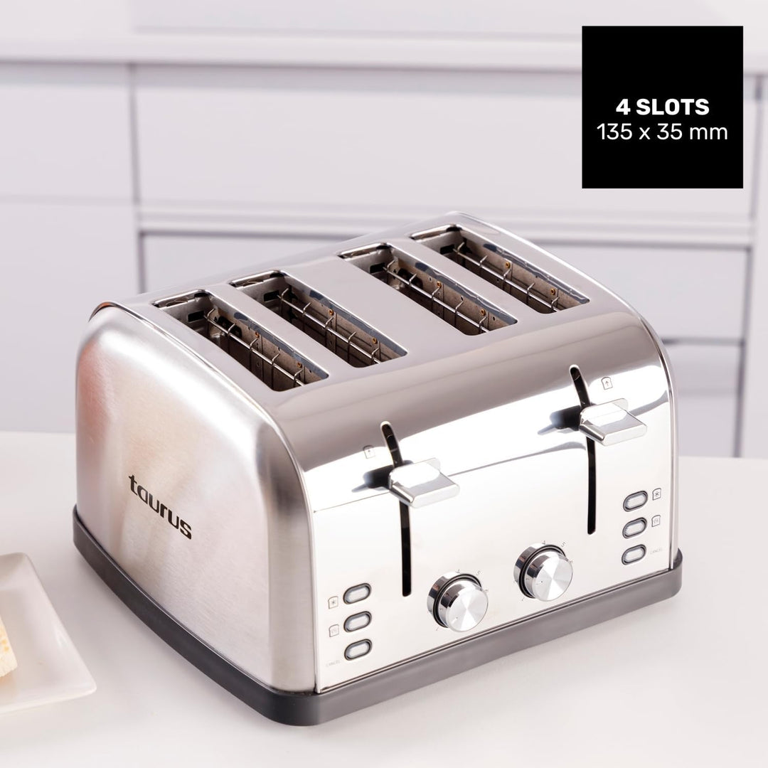 Taurus – Toaster Vintage Four 1900W | 4 Schlitze 135x35mm | 7 Bräunungsstufen | 3 Funktionen | 2 sep
