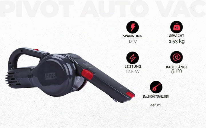 Black &amp; Decker PV1200AV-XJ Autosauger Dustbuster Pivot, Bürstenaufsatz, Fugendüse, flexiblem Saugsch