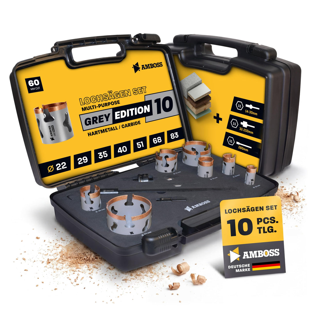 Amboss Universal-Lochsägen Set Ø 22-83 mm | 9-teilig | inkl. 6-kant Aufnahme | HM Power Set… Set Ø 2