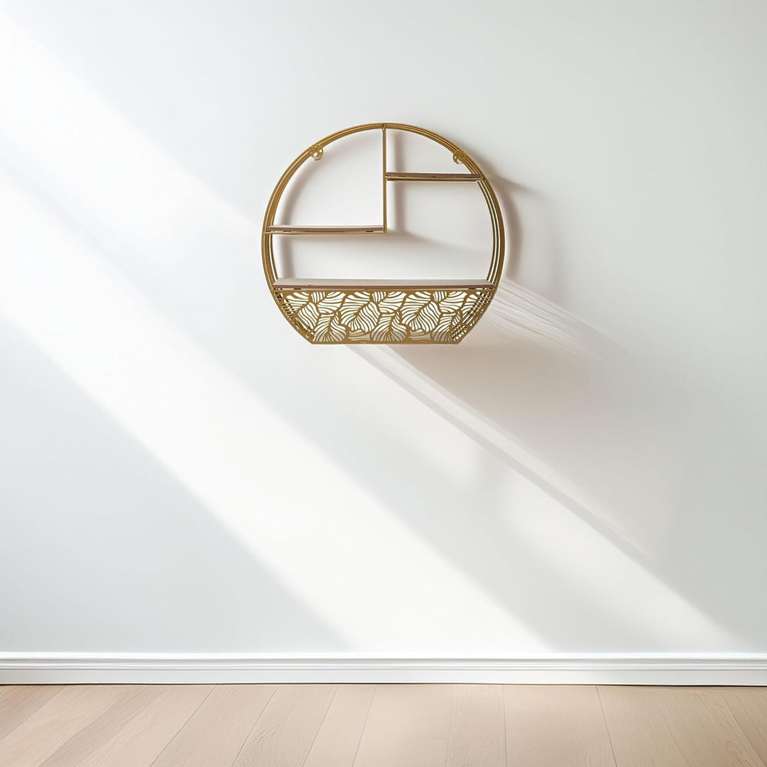 Well Home - Wandregal aus Holz, Metall, rund, goldfarben