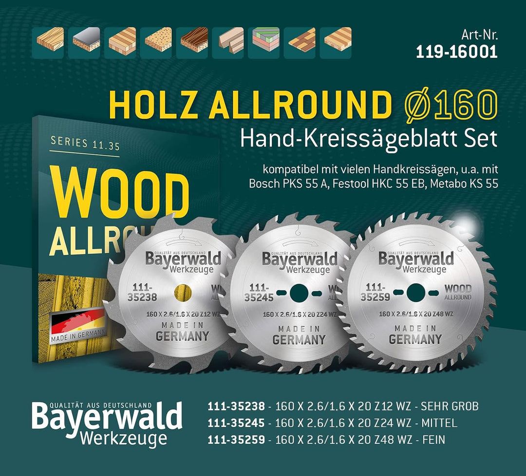 Bayerwald Kreissägeblatt Set Ø 160 (3 tlg.) - für NE-Metall &amp; Holz - geeignet für Tischkreissägen vo