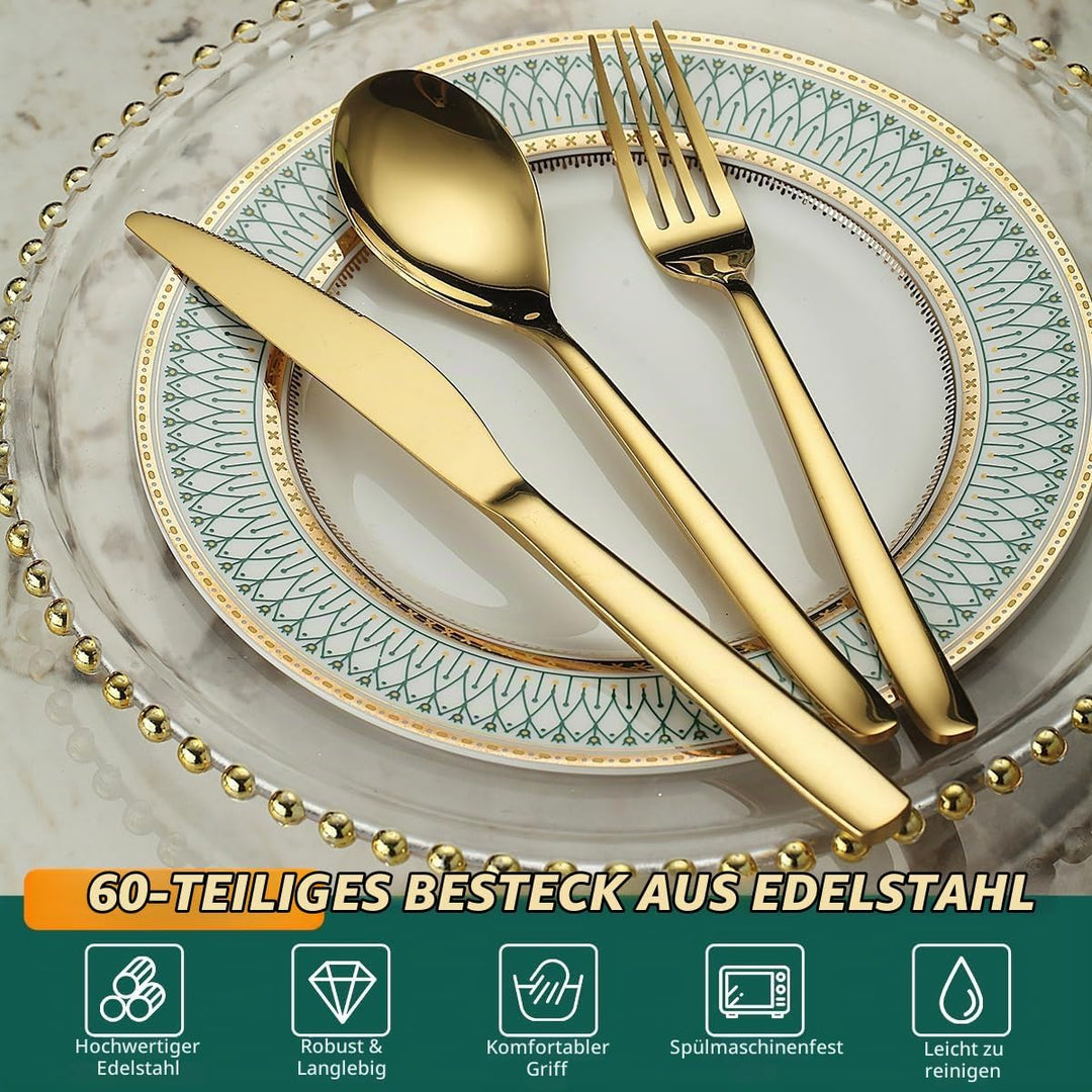 Berglander Gold Hochzeit Besteck Set 60pcs Service für 20, Titan beschichtet Edelstahl Besteck Set,