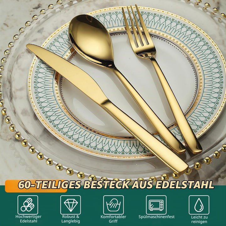 Berglander Gold Hochzeit Besteck Set 60pcs Service für 20, Titan beschichtet Edelstahl Besteck Set,