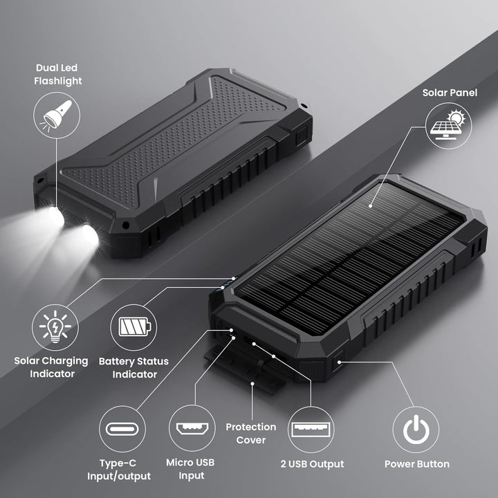 Solar Powerbank 26800mAh, PD 15W Power Bank mit USB C Tragbares Solarladegerät, Externer Akku 2 Ultr