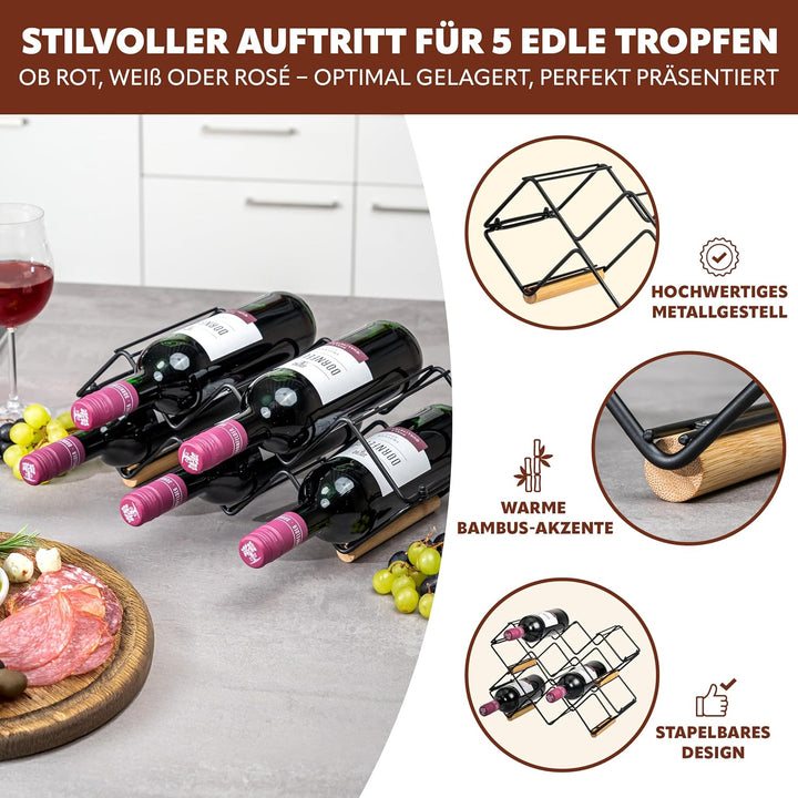 eluno Weinregal für 5 Flaschen, aus Metall und Bambus, stapelbar (ca. 39 x 14,5 x 15 (B/H/T), 1, Stü