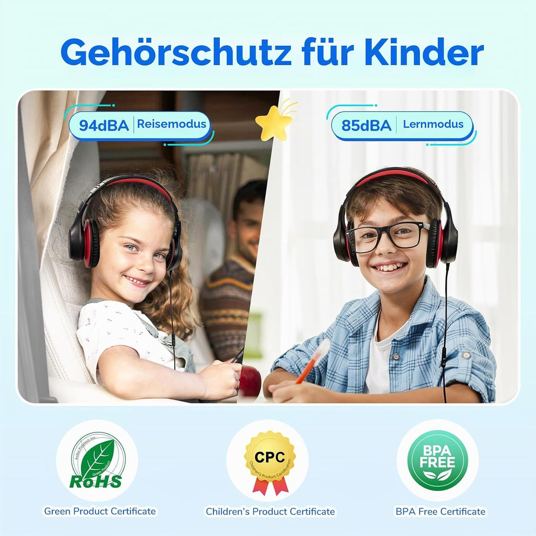 EarFun Kinder Kopfhörer mit LED-Leuchten, USB-C Kabel, 85dB Lautstärkenbegrenzer, HD-Mikrofon, Faltb