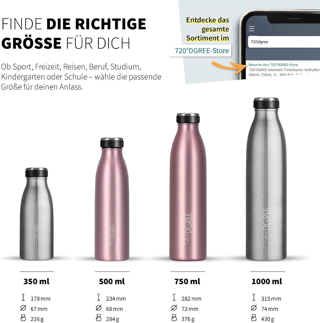 720°DGREE Edelstahl Trinkflasche “milkyBottle” - 500ml - Perfekt für Kinder, BPA-Frei, Auslaufsicher