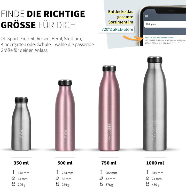 720°DGREE Edelstahl Trinkflasche “milkyBottle” - 500ml - Perfekt für Kinder, BPA-Frei, Auslaufsicher