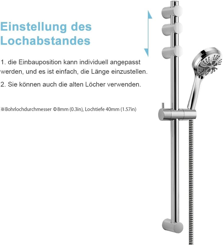 OFFO Edelstahl Duschstange 68cm, Wandmontierte Brausestange Verstellbar Abstand 38 bis 66cm mit Dusc