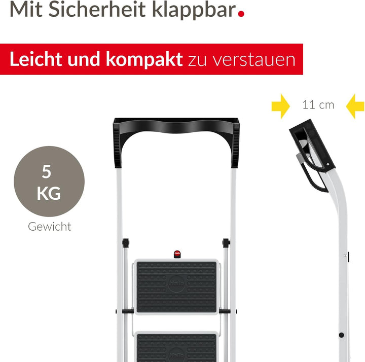 Hailo K75 ComfortLine Klapptritt - 2-stufige Trittleiter aus Stahl mit Sicherheitsbügel und Ablagesc