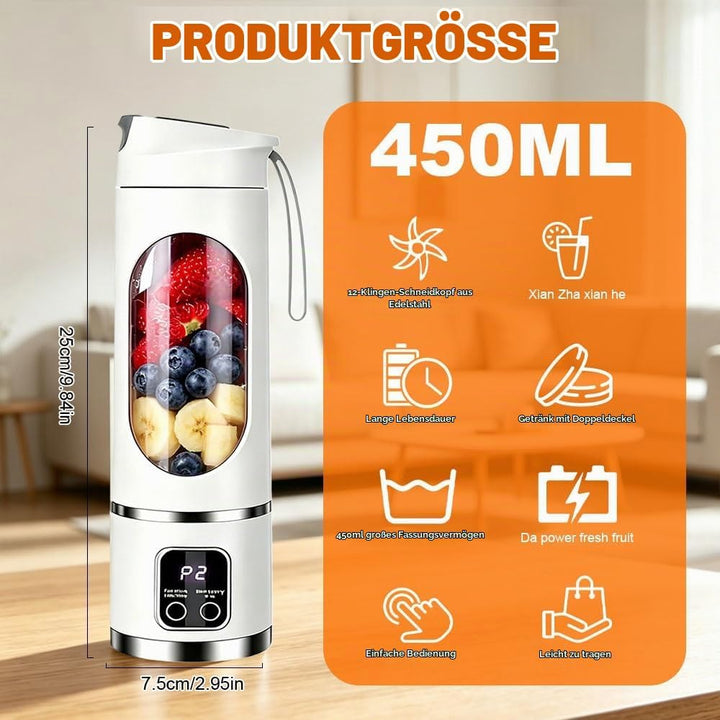Tragbarer Mixer Smoothie Maker To Go, 450ML, LED Display | Portable Blender mit 12 Klingen für Shake