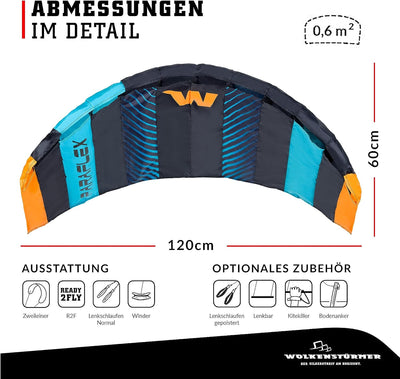 Wolkenstürmer® Paraflex Basic 2-Leiner Lenkmatte 1.2 (türkis) - Kite Drachen mit Flugschlaufen – Zwe