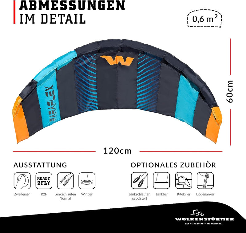Wolkenstürmer® Paraflex Basic 2-Leiner Lenkmatte 1.2 (türkis) - Kite Drachen mit Flugschlaufen – Zwe