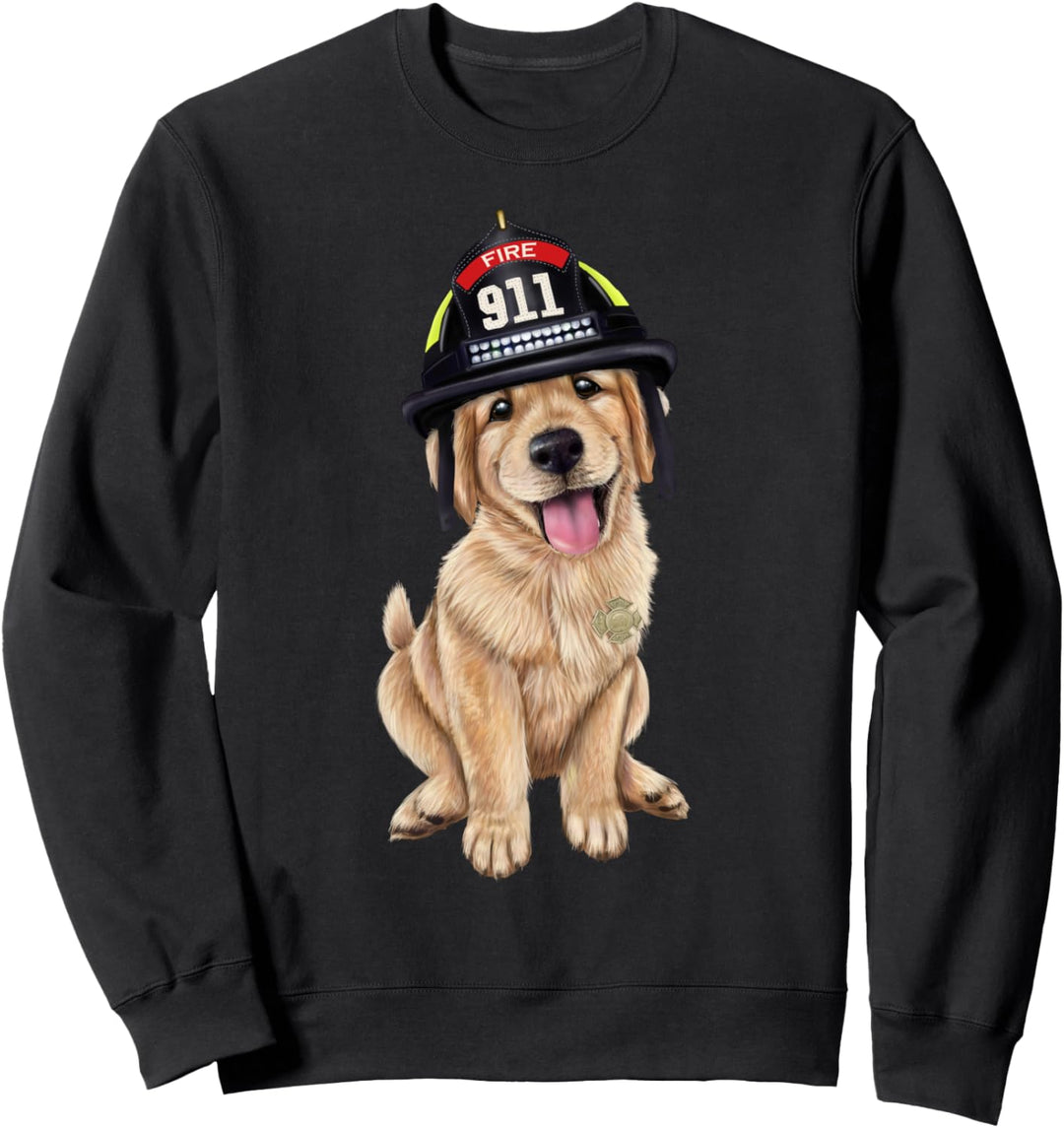 Golden Retriever Welpe, der einen Feuerwehrmann Hut trägt Sweatshirt