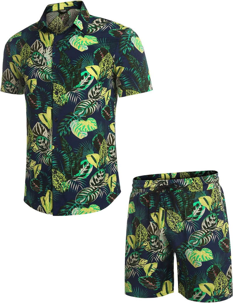 COOFANDY Herren Kurzarm Hemd Blumen Hawaiihemd und Shorts Set Floral Party Outfit Männer Button Down