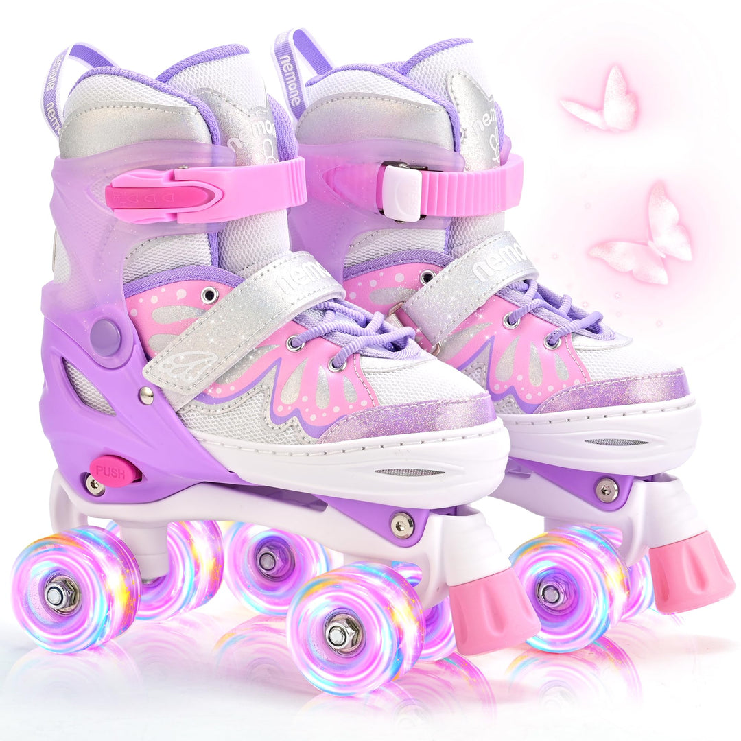 NEMONE Rollschuhe für Mädchen Kinder 4 Grössen Verstellbar Blau Violett Rollschuhe für Kinder Drinne