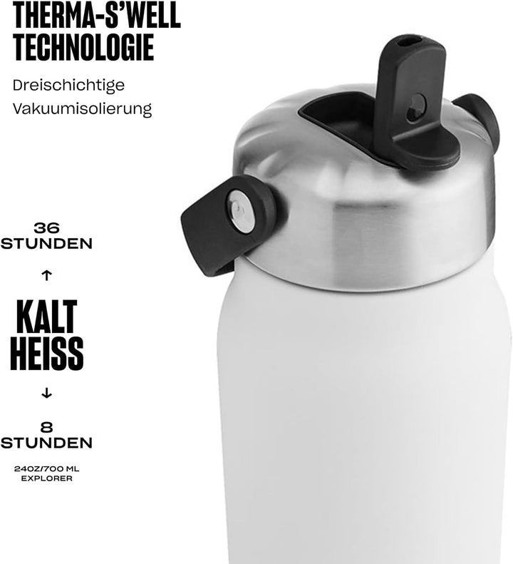 S'well Explorer Flasche aus recyceltem Edelstahl mit Klapp-Trinkhalm-Deckel, 700 ml, Stil weisser Mo