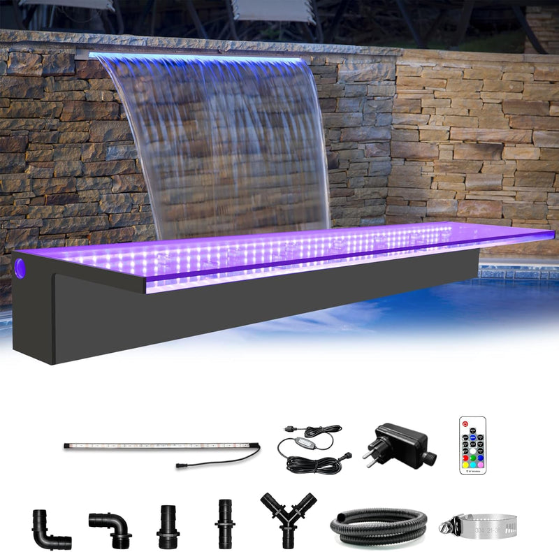 LONGRUN Pool Wasserfall Bachlaufsets, Garten Brunnen mit Farbwechsel LED, Acryl Teich Wasserfontäne