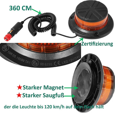 AGRISHOP 12V/24V LED Rundumleuchte Blitzleuchte Mit Magnetfuss,LED Rundumleuchte Gelb Warnleucht，45L