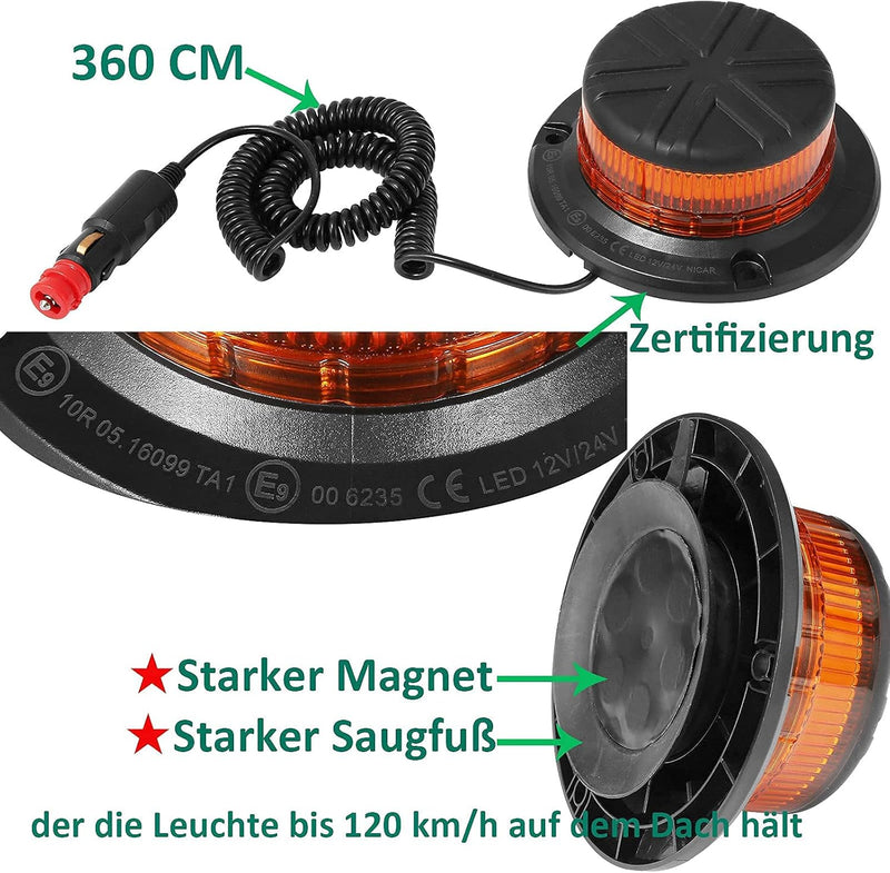 AGRISHOP 12V/24V LED Rundumleuchte Blitzleuchte Mit Magnetfuss,LED Rundumleuchte Gelb Warnleucht，45L