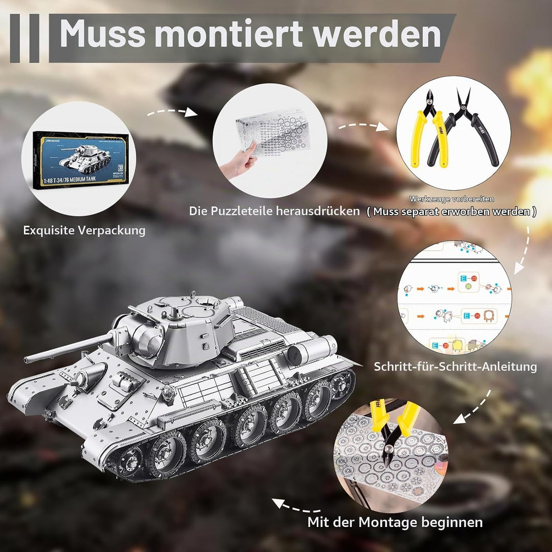 piececool 3D Puzzle Metall Panzerkampfwagen 1:48 T-34/76 Medium Tank, 3D Metall Puzzle Militärmodell