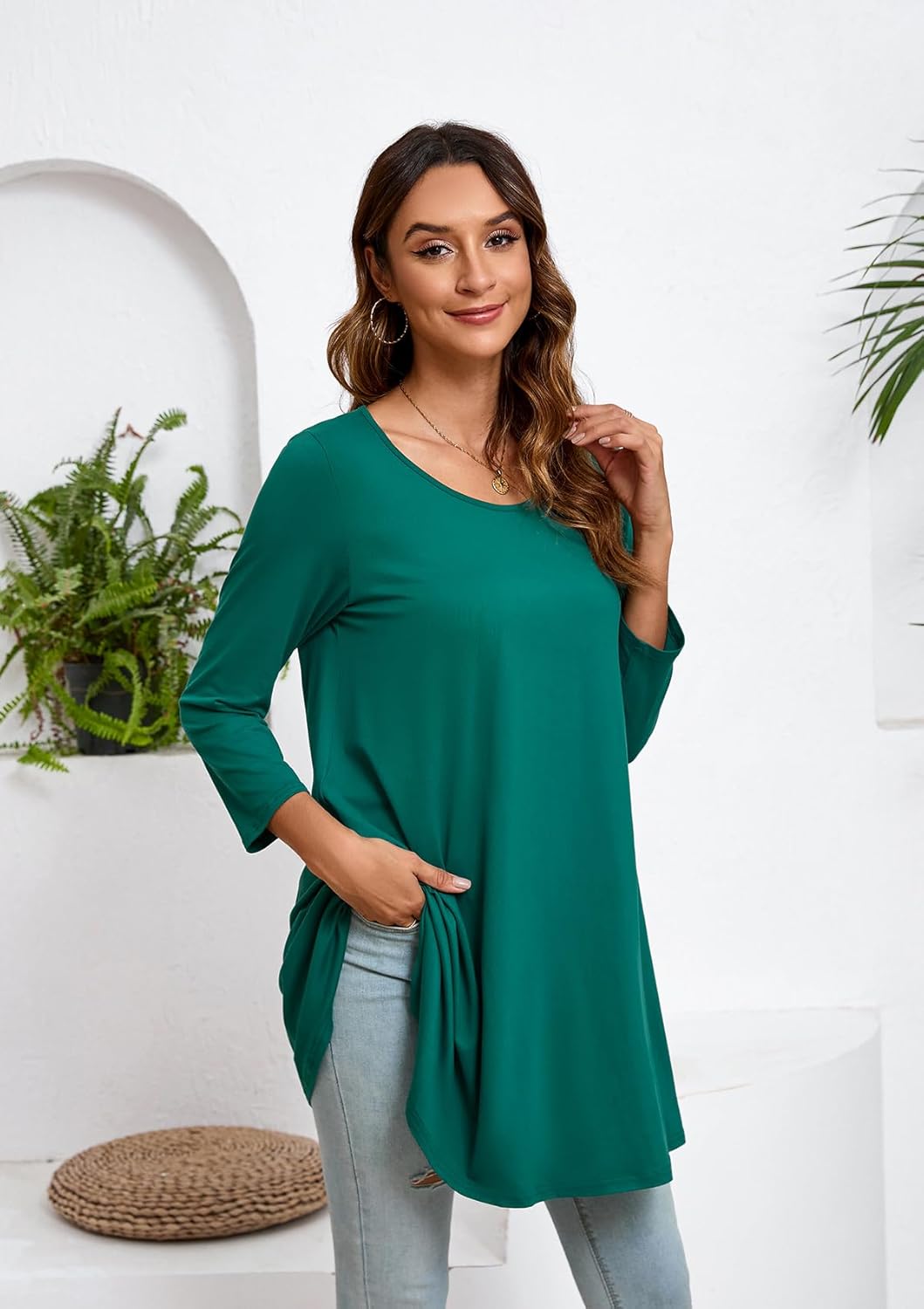 Enmain Damen Tunika Shirt Langarm/Kurzarm Bluse mit Blumen Longshirt Casual Elegante 3/4 Ärmel Rundh