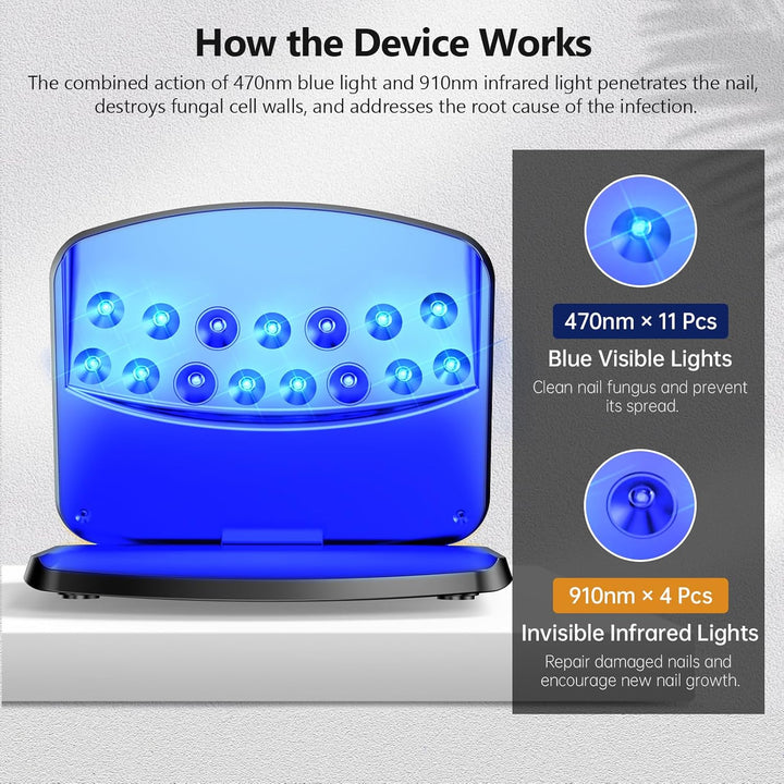 Upgrade Nagelpilz Lasergerät, 15 LED Tragbar & Wiederaufladbar per USB-C, 11 Blaulicht + 4 Infrarot,