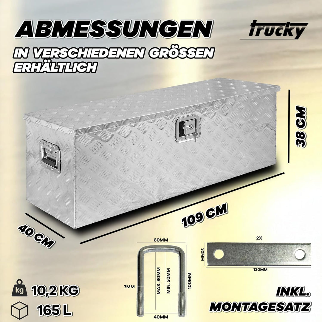 Trucky Truckbox aus Aluminium, Modell D160, 109 x 40 x 38 cm, Abschliessbar, Robustes Riffelblech, i