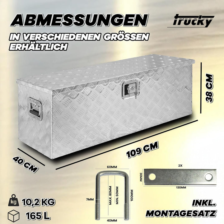 Trucky Truckbox aus Aluminium, Modell D160, 109 x 40 x 38 cm, Abschliessbar, Robustes Riffelblech, i