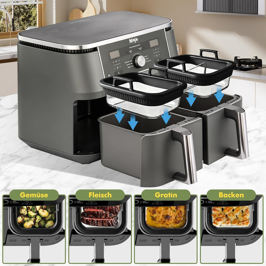 2er Set Glas Auflaufform für Airfryer mit Silikongriffen für Ninja Heissluftfritteuse Zubehör AF400E